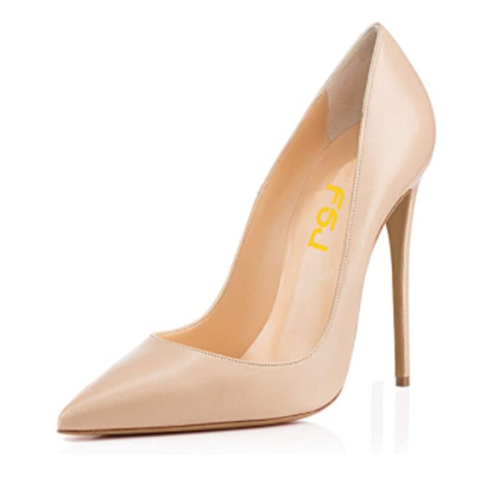 FSJ Beige Pointed Toe Pumps High Heel Stilettos Sexy Slip On Dress Shoes